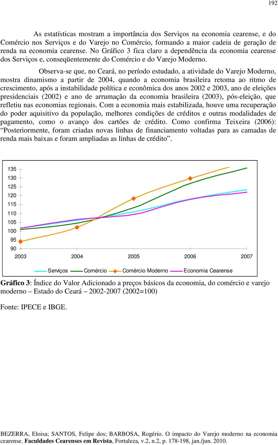Observa-se que, no Ceará, no período estudado, a atvdade do Varejo Moderno, mostra dnamsmo a partr de 2004, quando a economa braslera retoma ao rtmo de crescmento, após a nstabldade polítca e