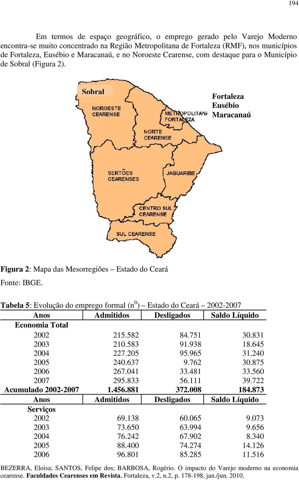 Tabela 5: Evolução do emprego formal (n 0 ) Estado do Ceará 2002-2007 Anos Admtdos Deslgados Saldo Líqudo Economa Total 2002 215.582 84.751 30.831 2003 210.583 91.938 18.645 2004 227.205 95.965 31.