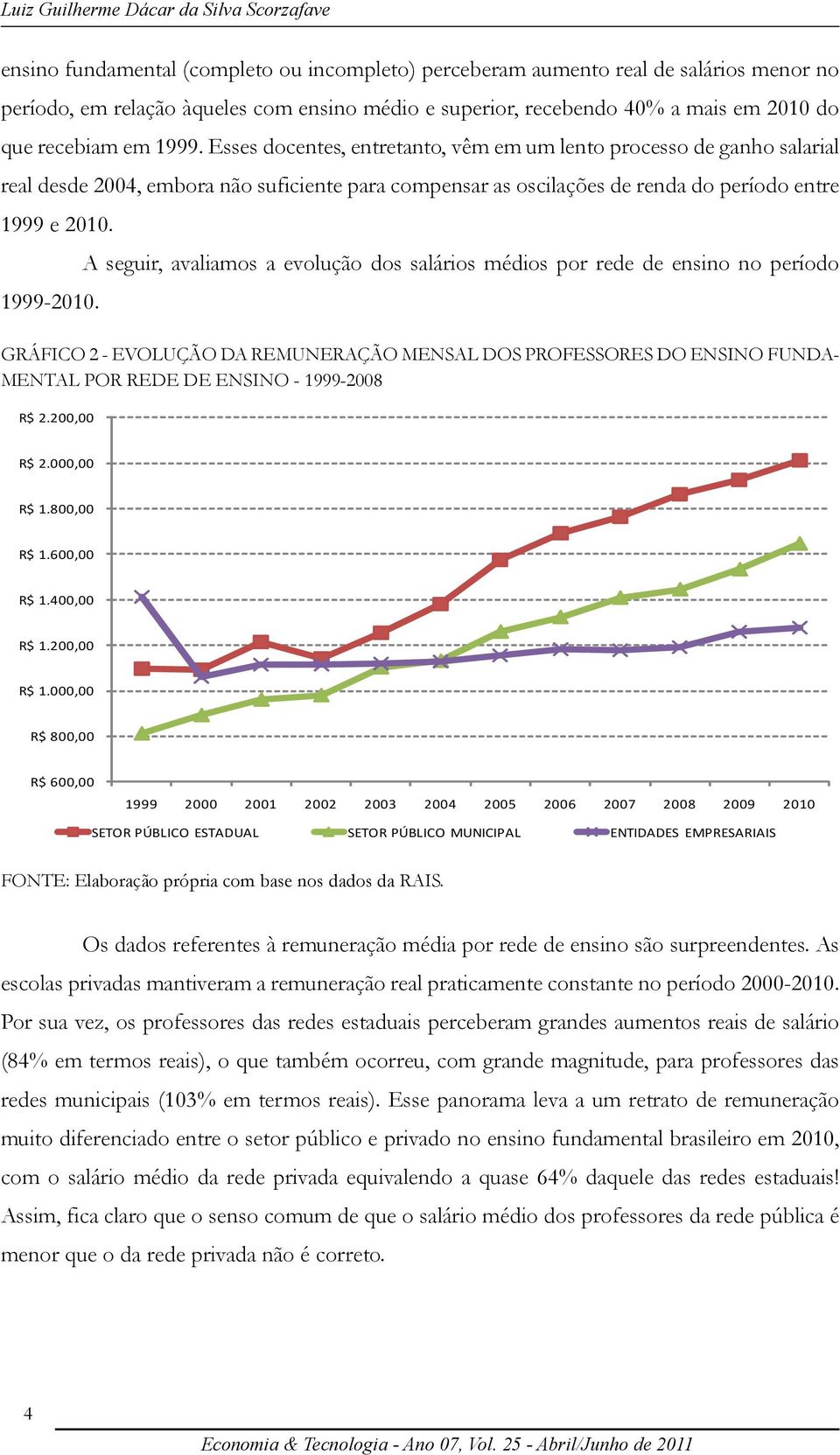 Esses docentes, entretanto, vêm em um lento processo de ganho salarial real desde 2004, embora não suficiente para compensar as oscilações de renda do período entre 1999 e 2010.