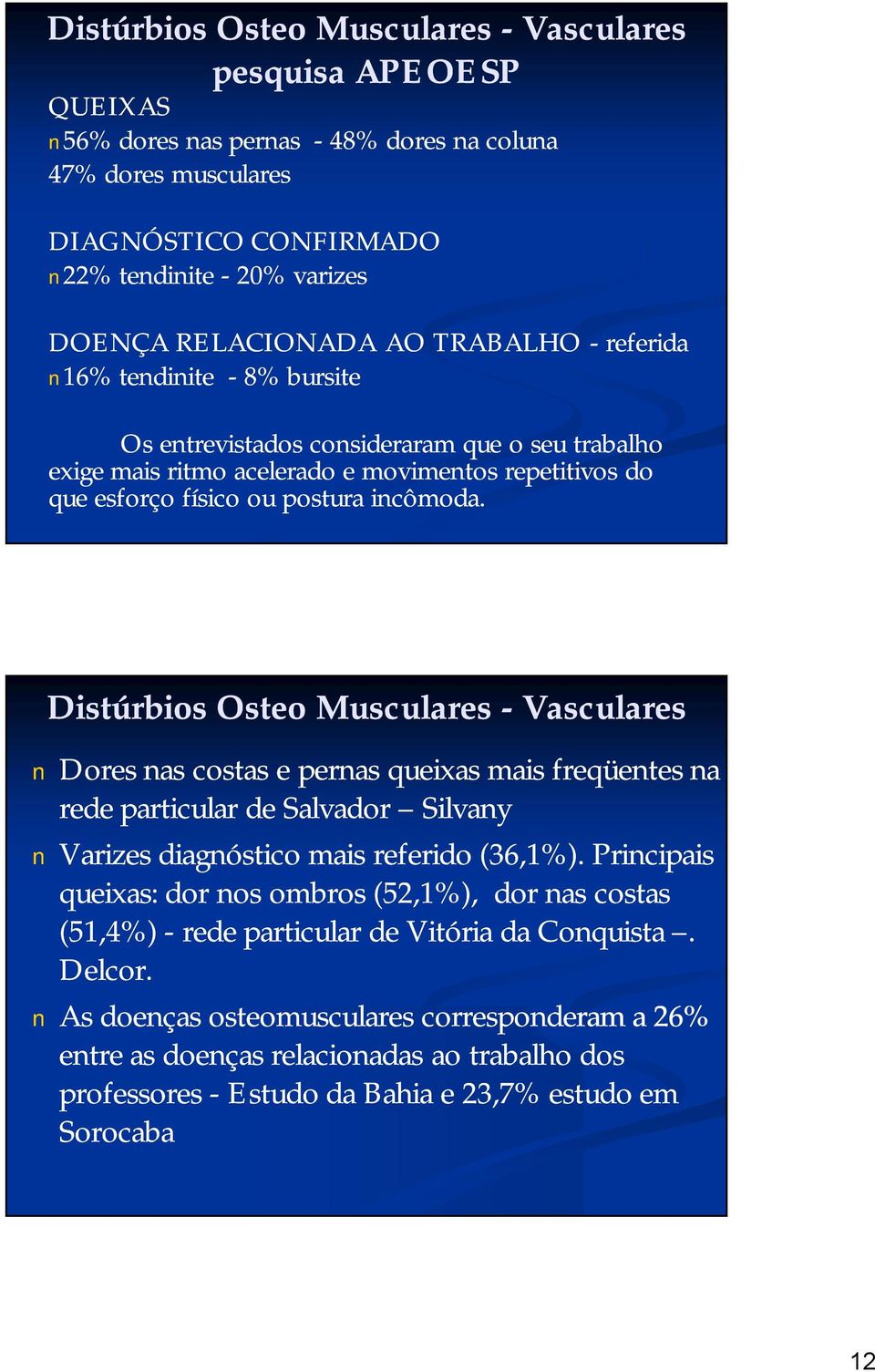 Distúrbios Osteo Musculares -Vasculares Dores nas costas e pernas queixas mais freqüentes na rede particular de Salvador Silvany Varizes diagnóstico mais referido (36,1%).