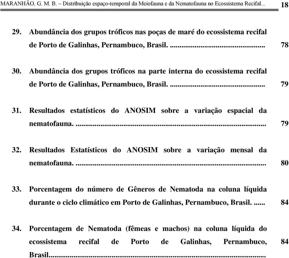 Abundância dos grupos tróficos na parte interna do ecossistema recifal de Porto de Galinhas, Pernambuco, Brasil.... 79 31. Resultados estatísticos do ANOSIM sobre a variação espacial da nematofauna.