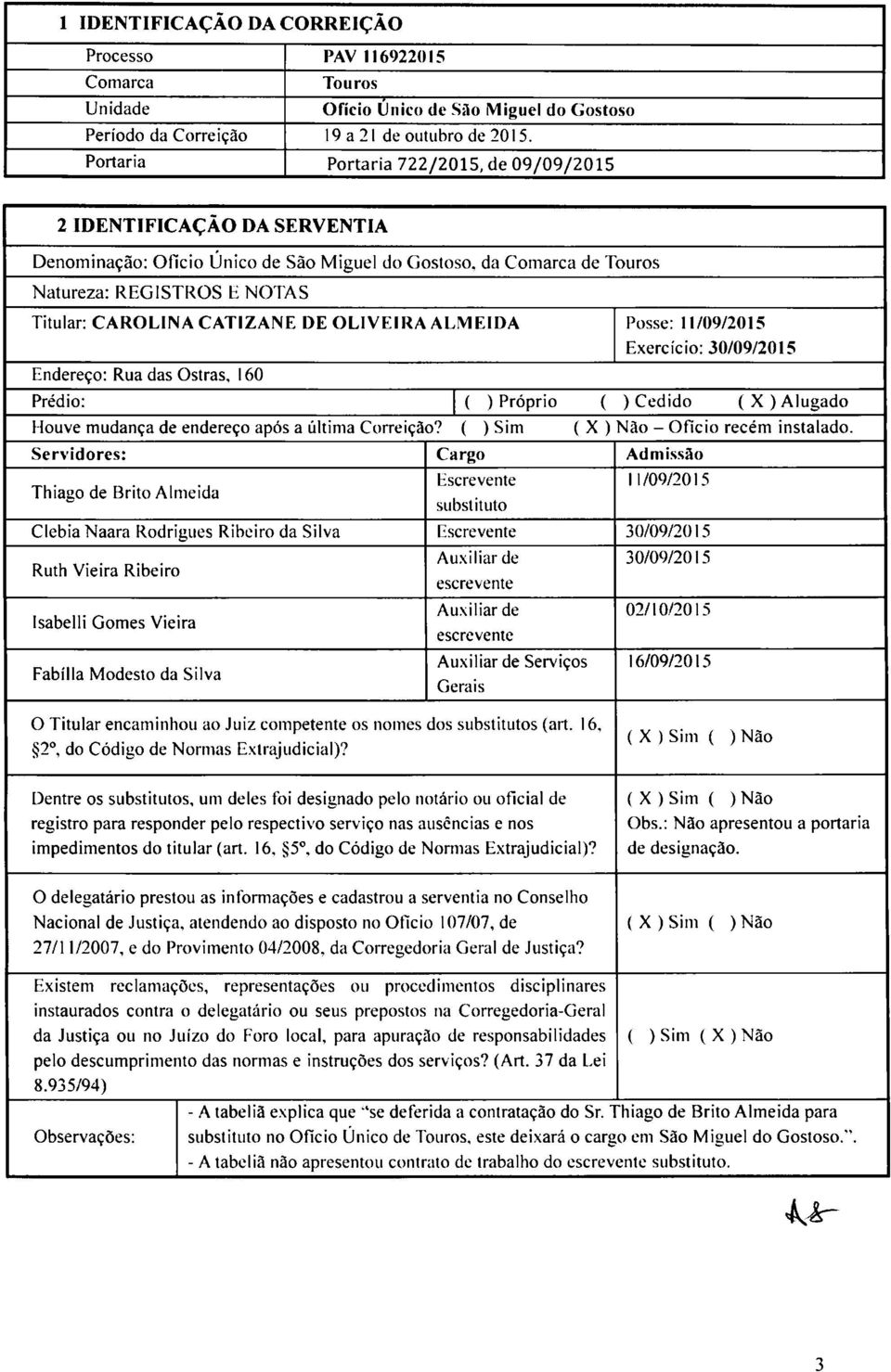 DE OLIVEIRA ALMEIDA Posse: 11/09/2015 Exercício: 30/09/2015 Endereço: Rua das Ostras, 160 Prédio: ( ) Próprio ( ) Cedido (X)Alugado Houve mudança de endereço após a última Correição?