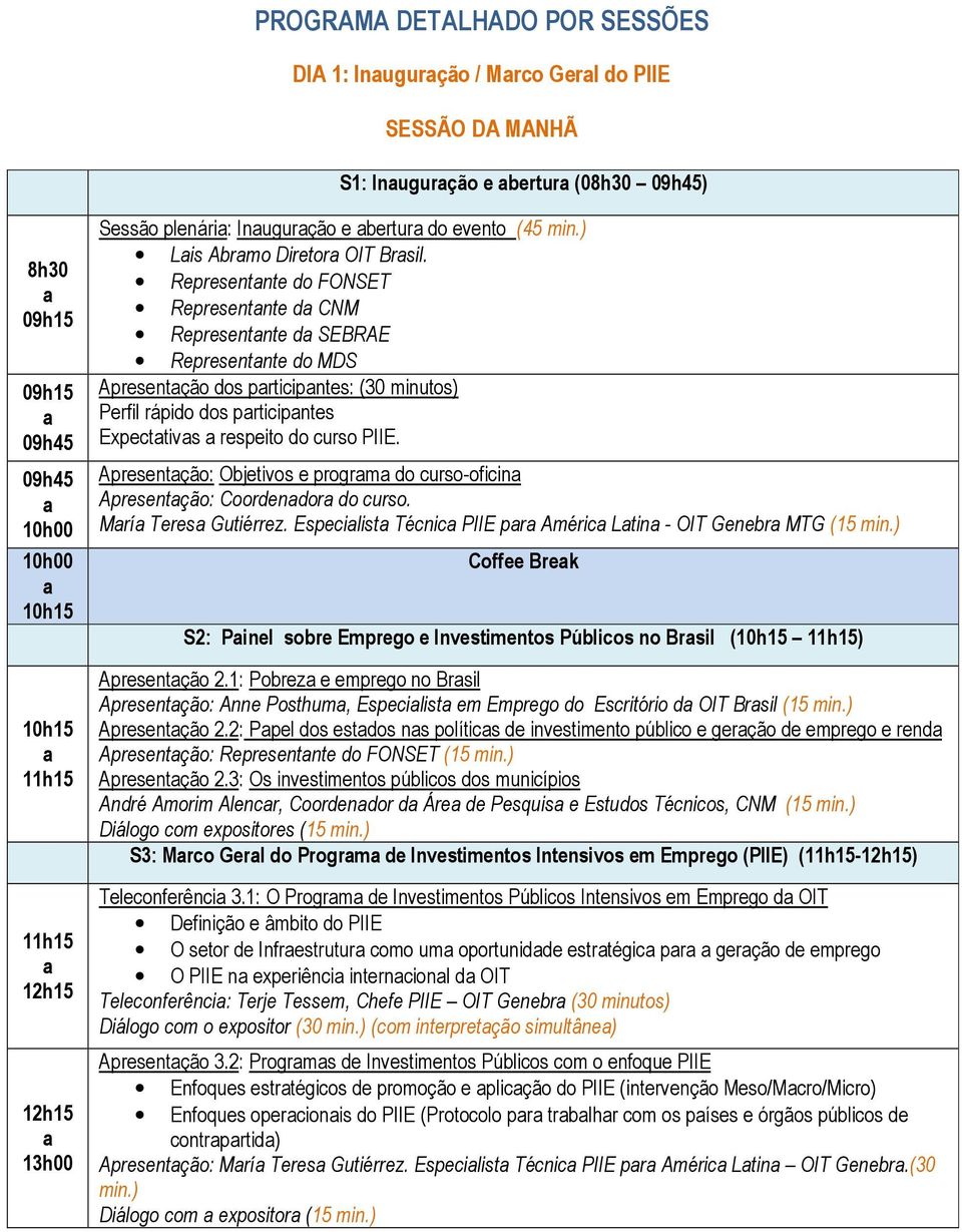 Representnte do FONSET Representnte d CNM Representnte d SEBRAE Representnte do MDS Apresentção dos prticipntes: (30 minutos) Perfil rápido dos prticipntes Expecttivs respeito do curso PIIE.