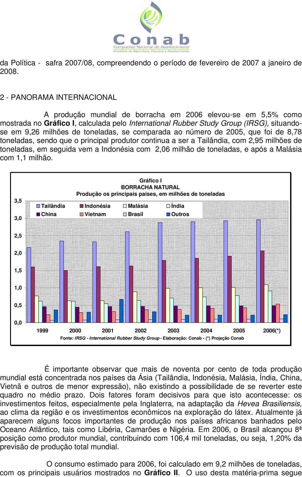 toneladas, se comparada ao número de 2005, que foi de 8,78 toneladas, sendo que o principal produtor continua a ser a Tailândia, com 2,95 milhões de toneladas, em seguida vem a Indonésia com 2,06