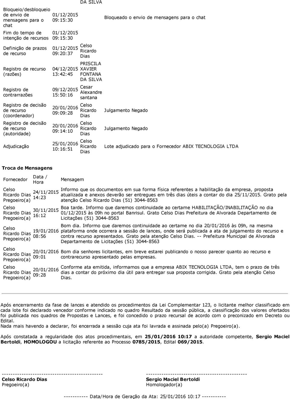 envio de mensagens para o chat Julgamento Negado Julgamento Negado Lote adjudicado para o ABIX TECNOLOGIA Troca de Mensagens Mensagem Informo que os documentos em sua forma física referentes a