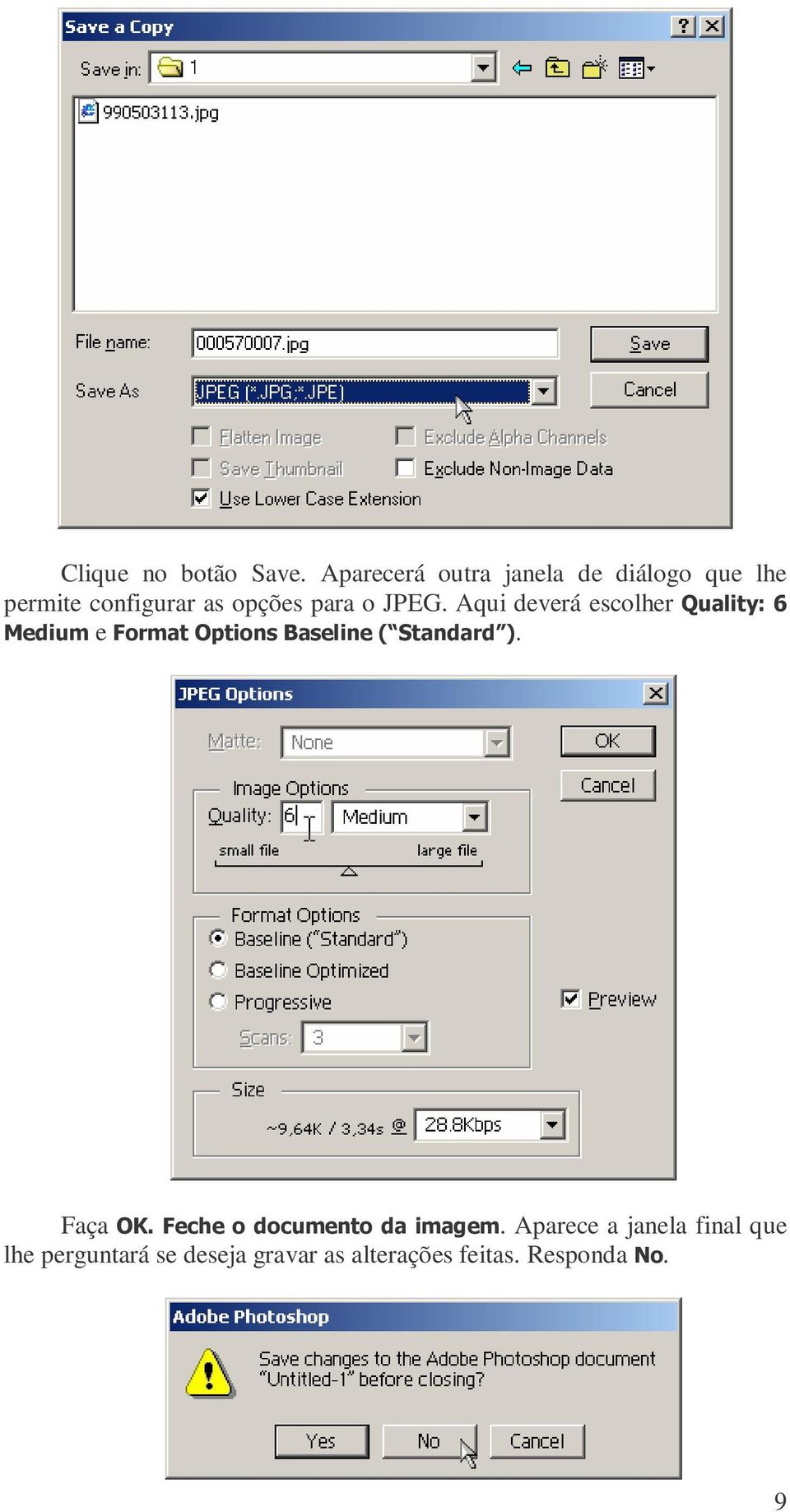 JPEG. Aqui deverá escolher Quality: 6 Medium e Format Options Baseline (