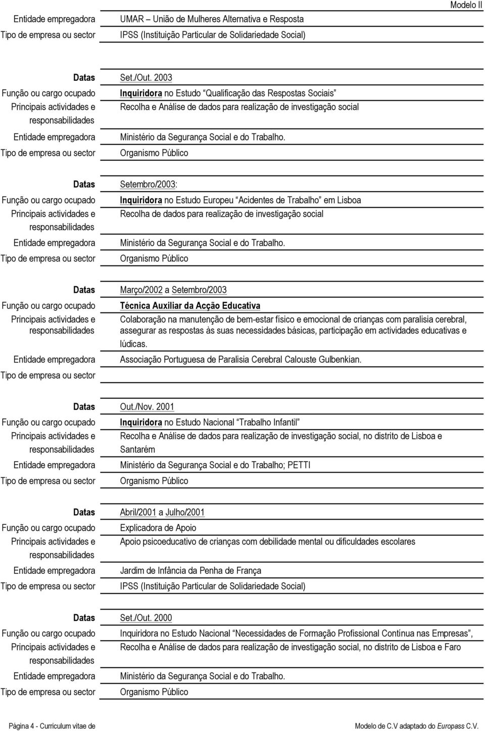 Organismo Público Setembro/2003: Inquiridora no Estudo Europeu Acidentes de Trabalho em Lisboa Recolha de dados para realização de investigação social Ministério da Segurança Social e do Trabalho.