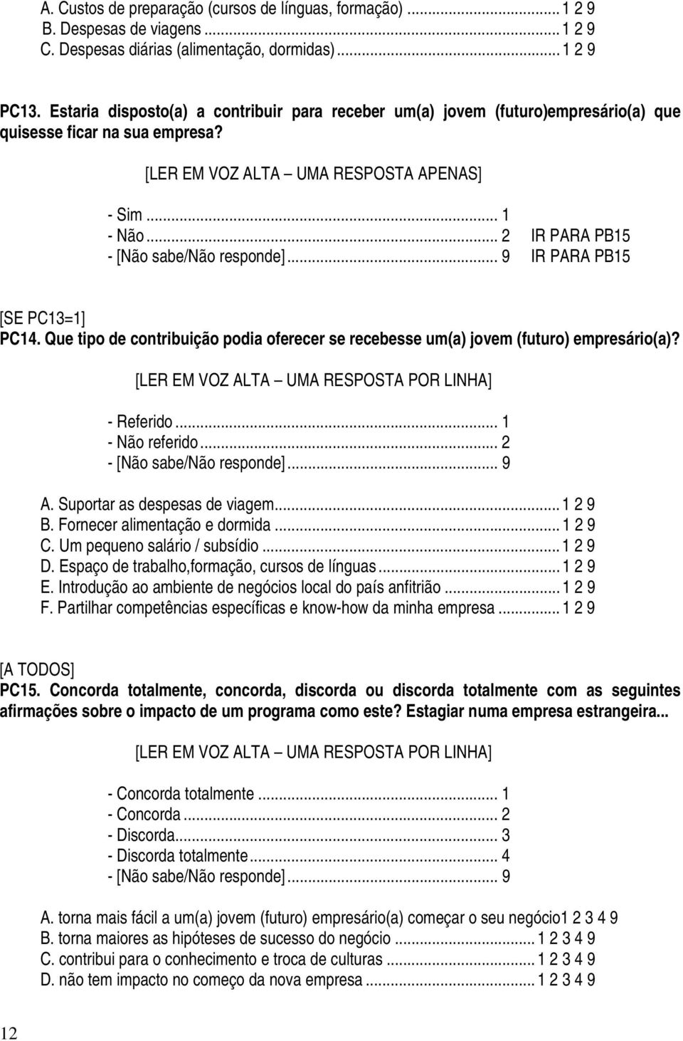 Que tipo de contribuição podia oferecer se recebesse um(a) jovem (futuro) empresário(a)? - Referido... 1 - Não referido... 2 A. Suportar as despesas de viagem... 1 2 9 B.