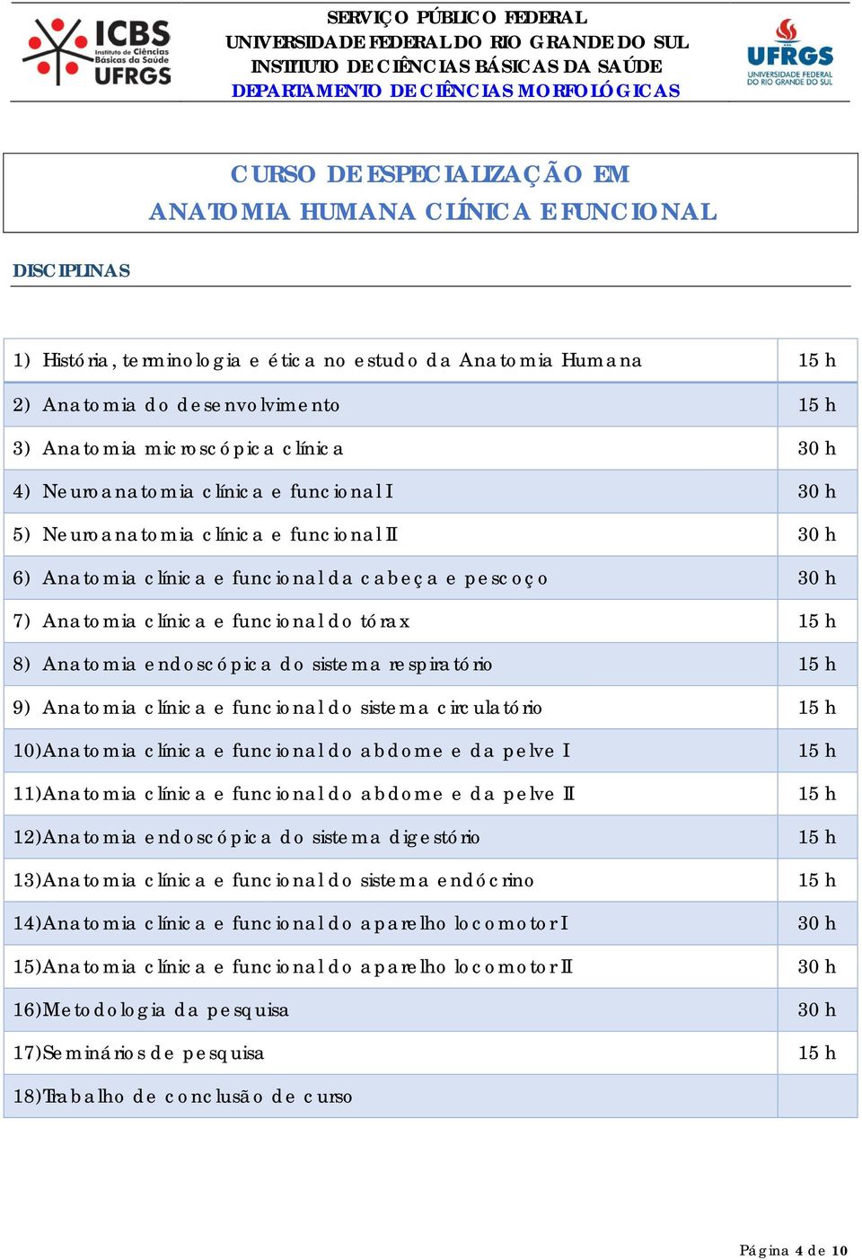 h 9) Anatomia clínica e funcional do sistema circulatório 15 h 10) Anatomia clínica e funcional do abdome e da pelve I 15 h 11) Anatomia clínica e funcional do abdome e da pelve II 15 h 12) Anatomia