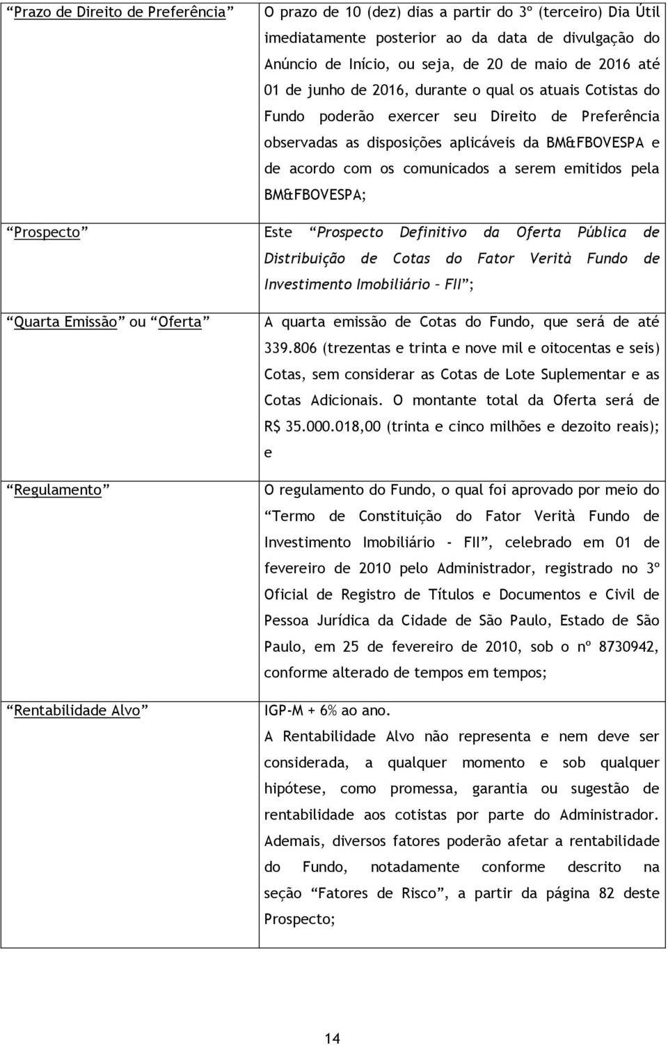 emitidos pela BM&FBOVESPA; Prospecto Este Prospecto Definitivo da Oferta Pública de Distribuição de Cotas do Fator Verità Fundo de Investimento Imobiliário FII ; Quarta Emissão ou Oferta Regulamento