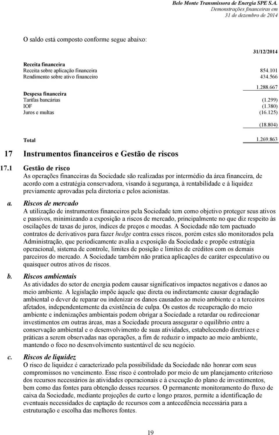 1 Gestão de risco As operações financeiras da Sociedade são realizadas por intermédio da área financeira, de acordo com a estratégia conservadora, visando à segurança, à rentabilidade e à liquidez