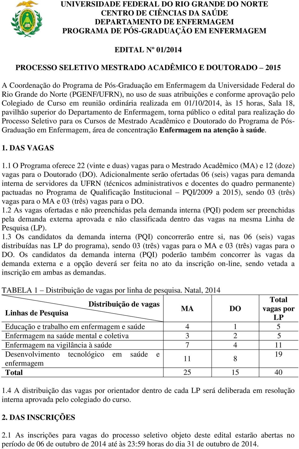 edital para realização do Processo Seletivo para os Cursos de Mestrado Acadêmico e Doutorado do Programa de Pós- Graduação em Enfermagem, área de concentração Enfermagem na atenção à saúde. 1.