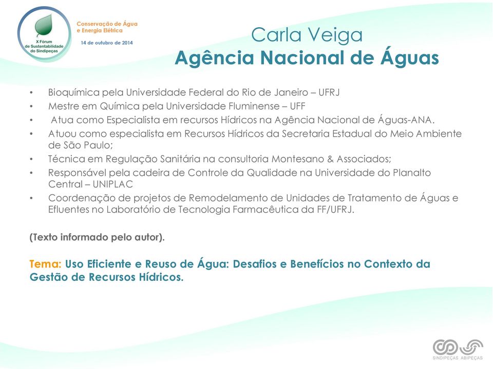 Atuou como especialista em Recursos Hídricos da Secretaria Estadual do Meio Ambiente de São Paulo; Técnica em Regulação Sanitária na consultoria Montesano & Associados; Responsável