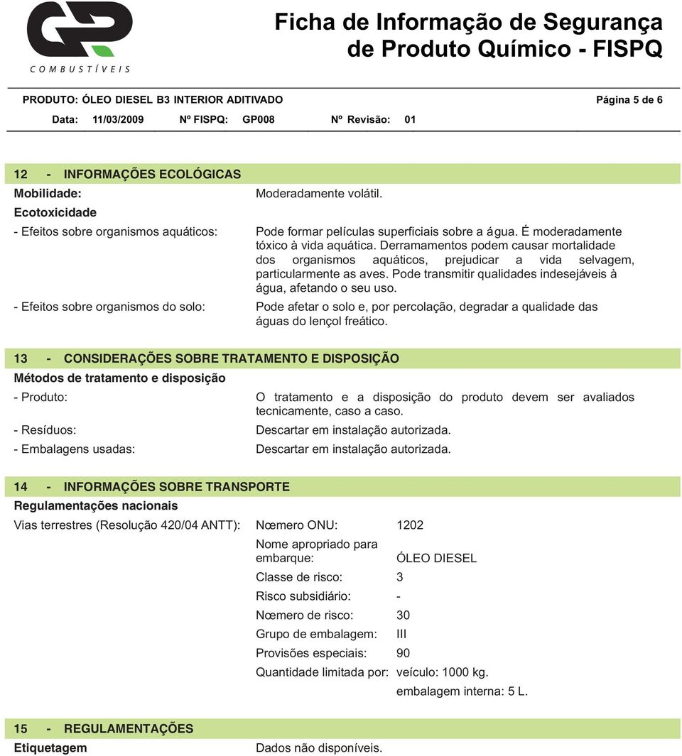 Derramamentos podem causar mortalidade dos organismos aquáticos, prejudicar a vida selvagem, particularmente as aves. Pode transmitir qualidades indesejáveis à água, afetando o seu uso.