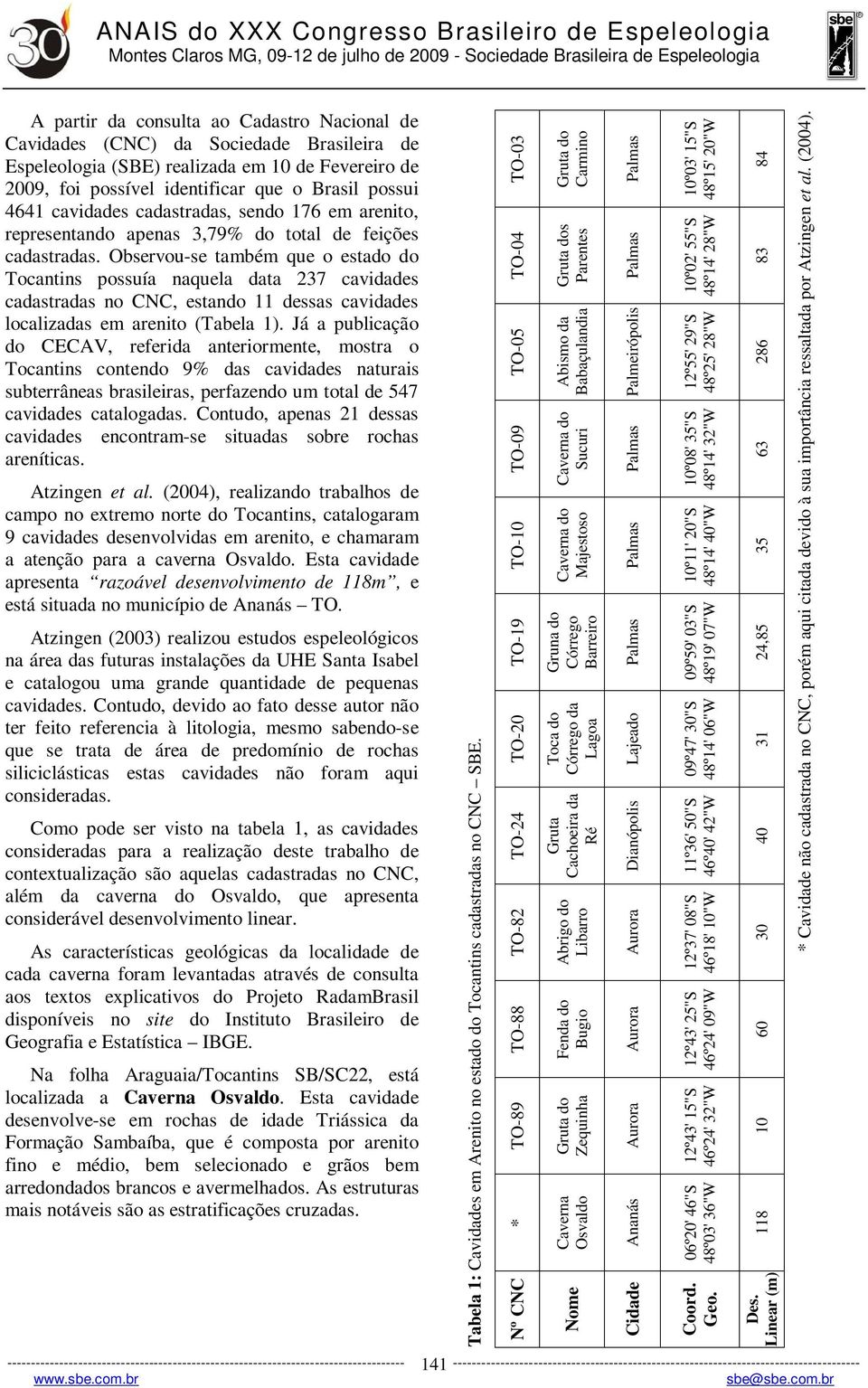 Observou-se também que o estado do Tocantins possuía naquela data 237 cavidades cadastradas no CNC, estando 11 dessas cavidades localizadas em arenito (Tabela 1).