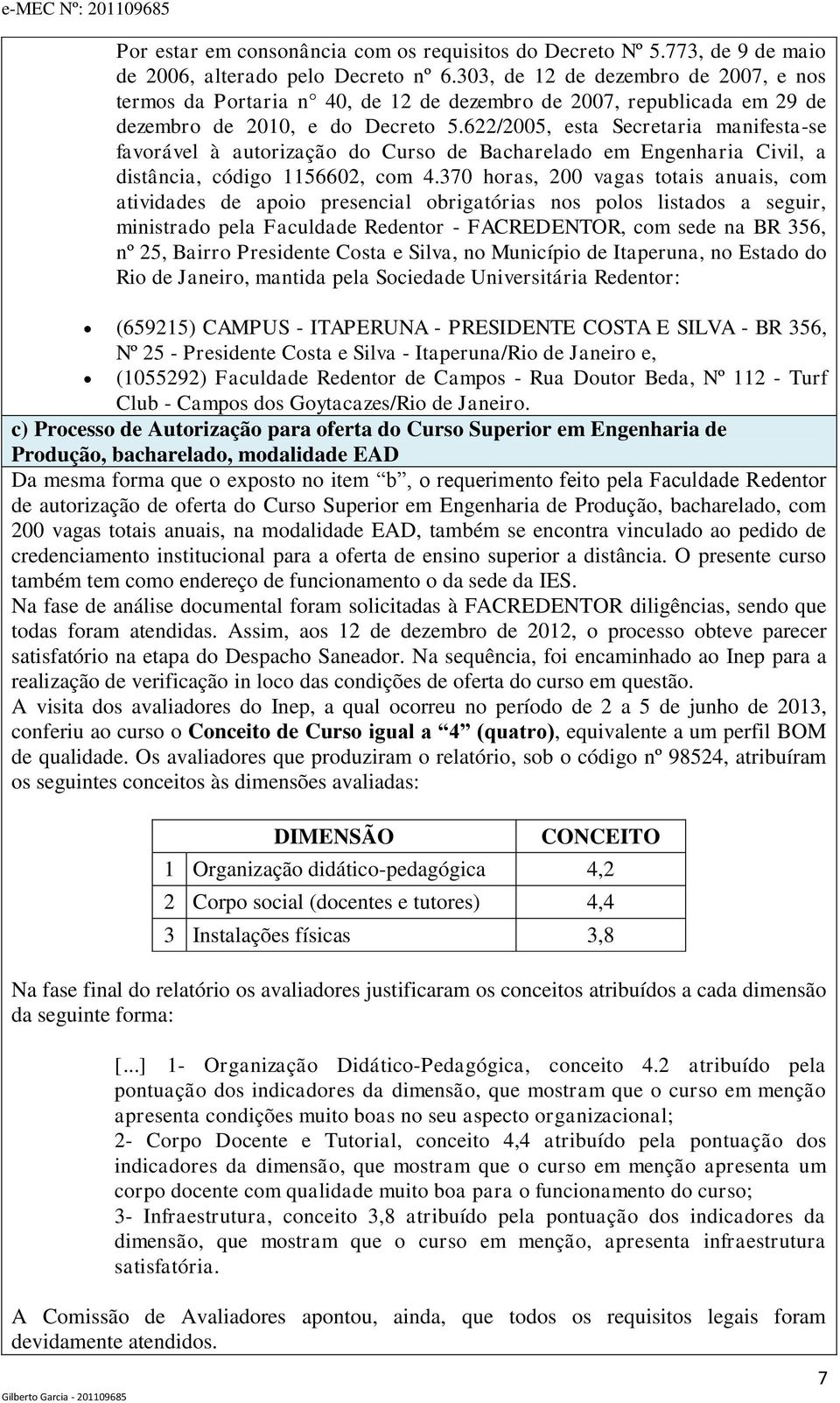 622/2005, esta Secretaria manifesta-se favorável à autorização do Curso de Engenharia Civil, a distância, código 1156602, com 4.