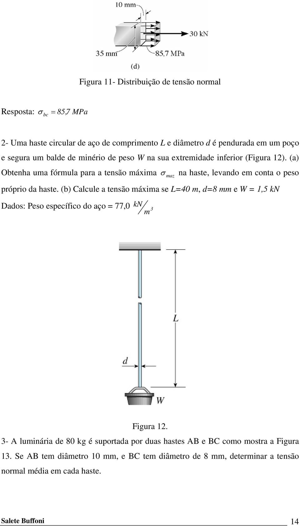 (a) Obtenha uma fórmula para a tensão máxima σ maz na haste, levando em conta o peso próprio da haste.