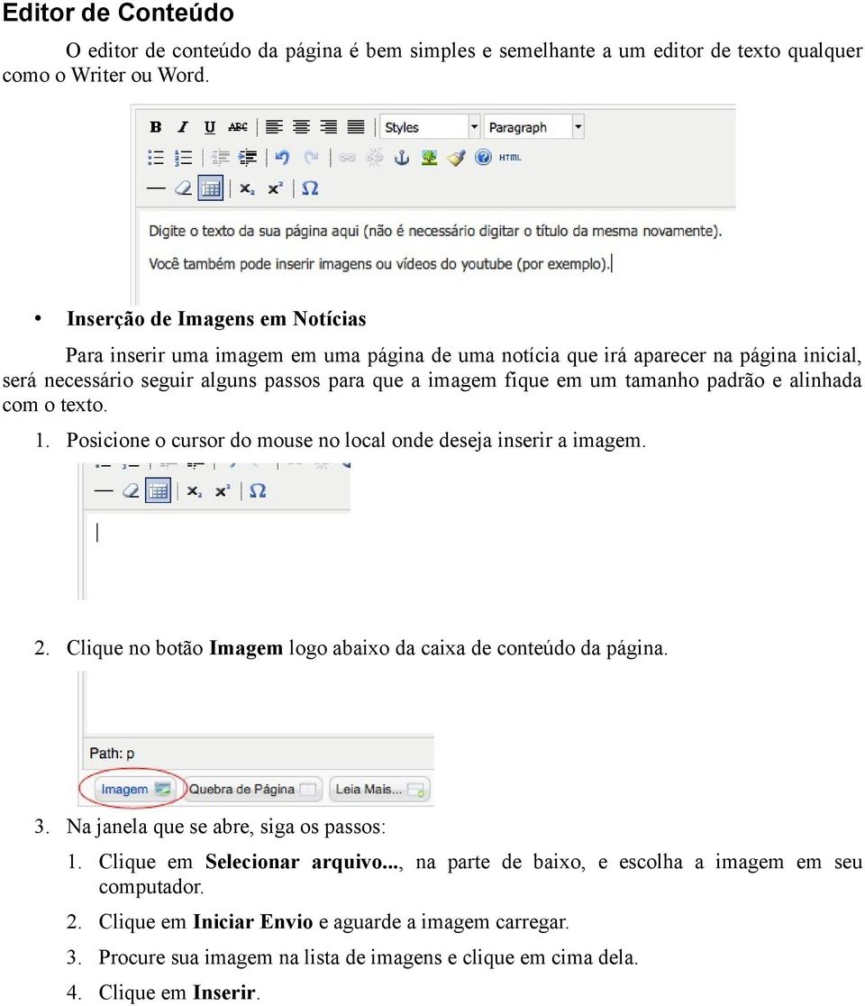 tamanho padrão e alinhada com o texto. 1. Posicione o cursor do mouse no local onde deseja inserir a imagem. 2. Clique no botão Imagem logo abaixo da caixa de conteúdo da página. 3.