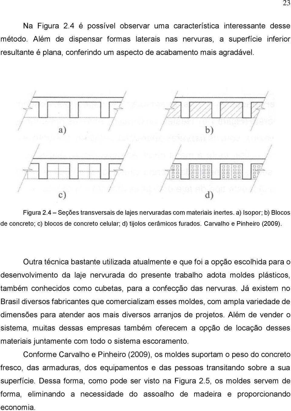 4 Seções transversais de lajes nervuradas com materiais inertes. a) Isopor; b) Blocos de concreto; c) blocos de concreto celular; d) tijolos cerâmicos furados. Carvalho e Pinheiro (2009).