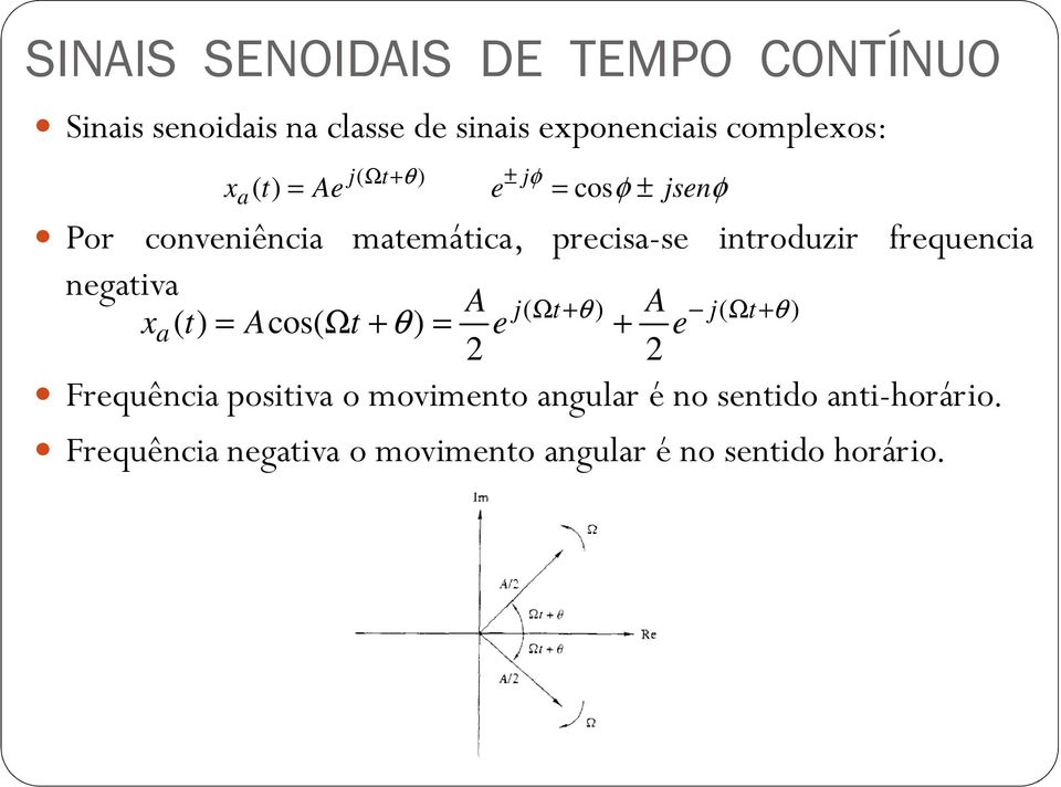 frequencia negativa x a ( t) Acos( Ωt + θ ) A e j( Ω t+ θ ) j( Ωt+ θ ) Frequência positiva o