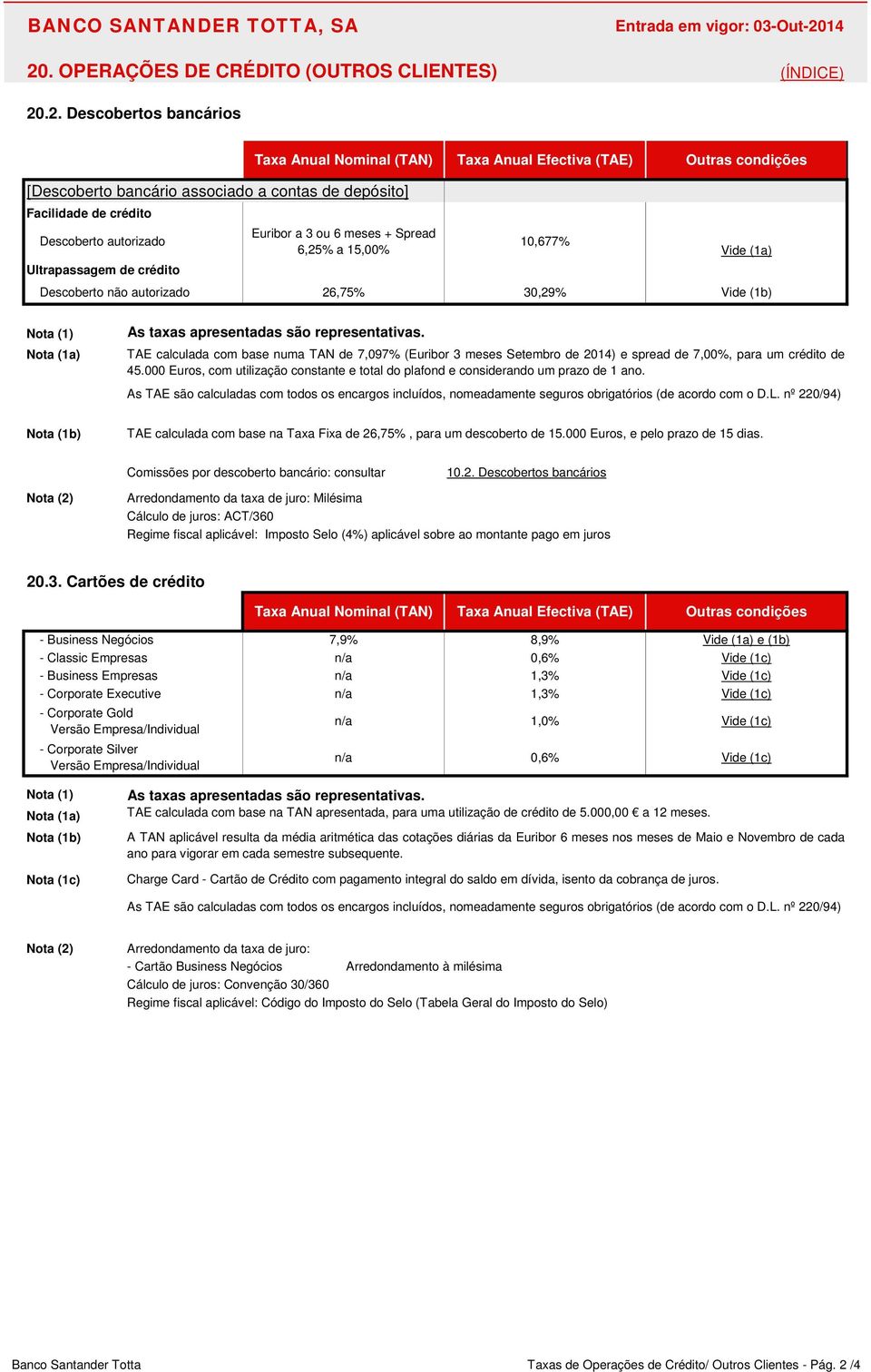 TAN de 7,097% (Euribor 3 meses Setembro de 2014) e spread de 7,00%, para um crédito de 45.000 Euros, com utilização constante e total do plafond e considerando um prazo de 1 ano.