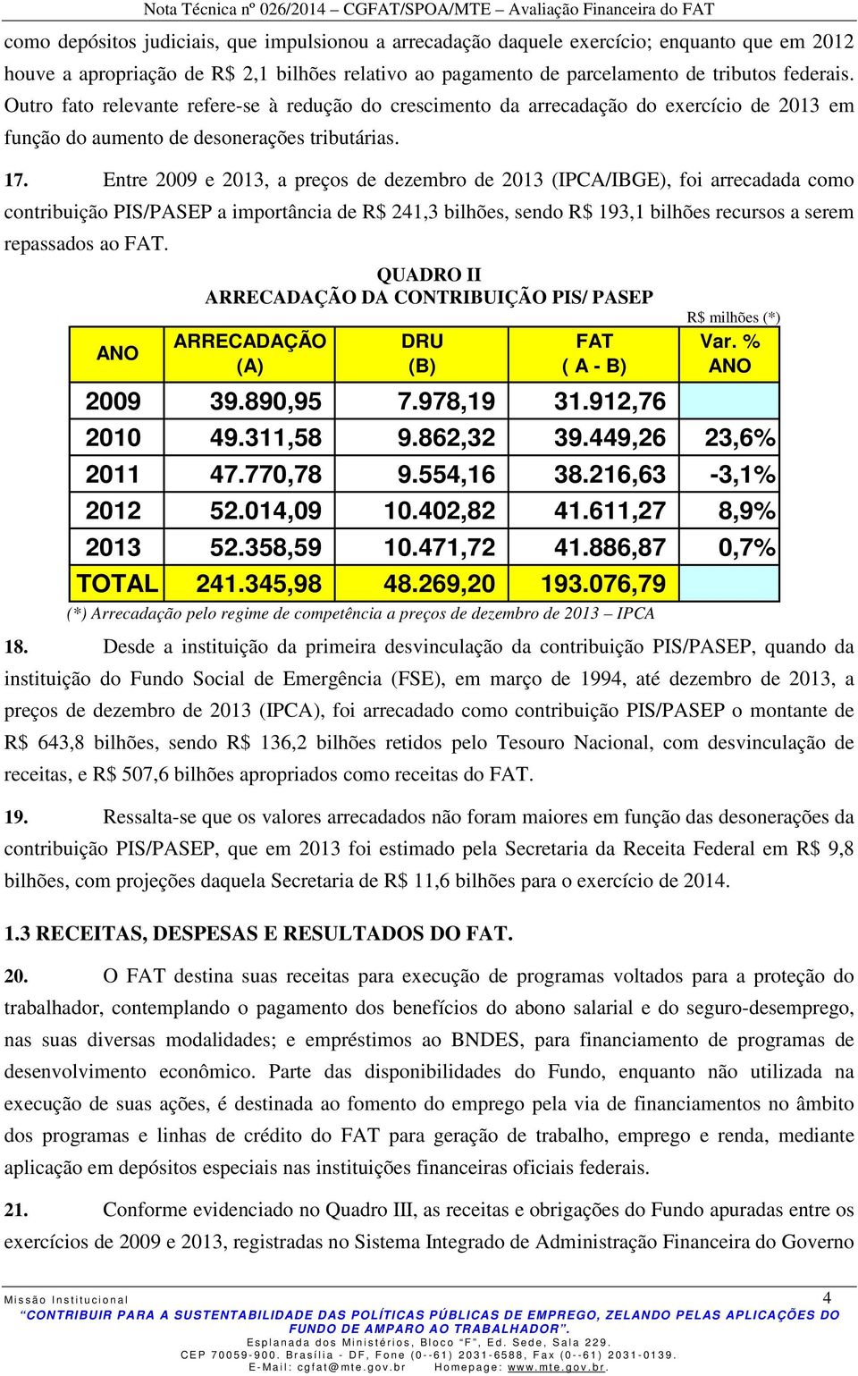 Entre 2009 e 2013, a preços de dezembro de 2013 (IPCA/IBGE), foi arrecadada como contribuição PIS/PASEP a importância de R$ 241,3 bilhões, sendo R$ 193,1 bilhões recursos a serem repassados ao FAT.
