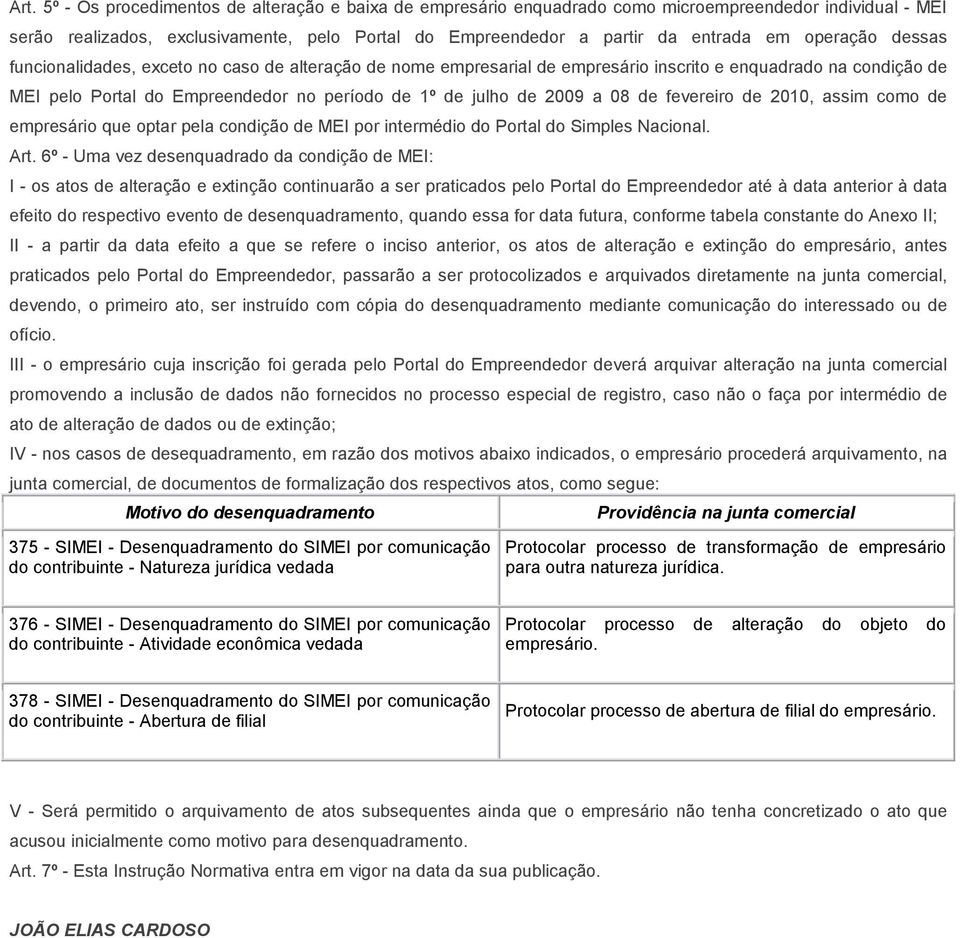 08 de fevereiro de 2010, assim como de empresário que optar pela condição de MEI por intermédio do Portal do Simples Nacional. Art.