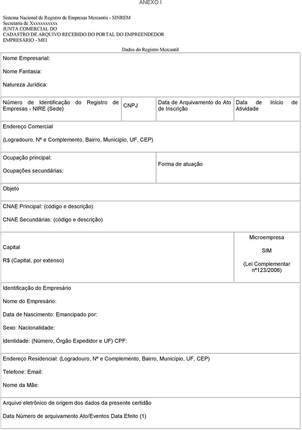 de Atividade Endereço Comercial (Logradouro, Nº e Complemento, Bairro, Município, UF, CEP) Ocupação principal: Ocupações secundárias: Forma de atuação Objeto CNAE Principal: (código e descrição) CNAE