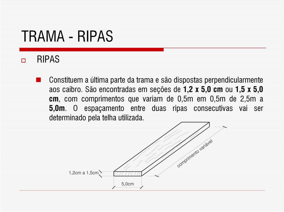 São encontradas em seções de 1,2 x 5,0 cm ou 1,5 x 5,0 cm, com comprimentos que variam