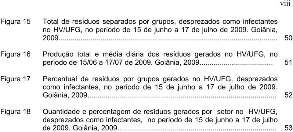 .. 50 Produção total e média diária dos resíduos gerados no HV/UFG, no período de 15/06 a 17/07 de 2009. Goiânia, 2009.