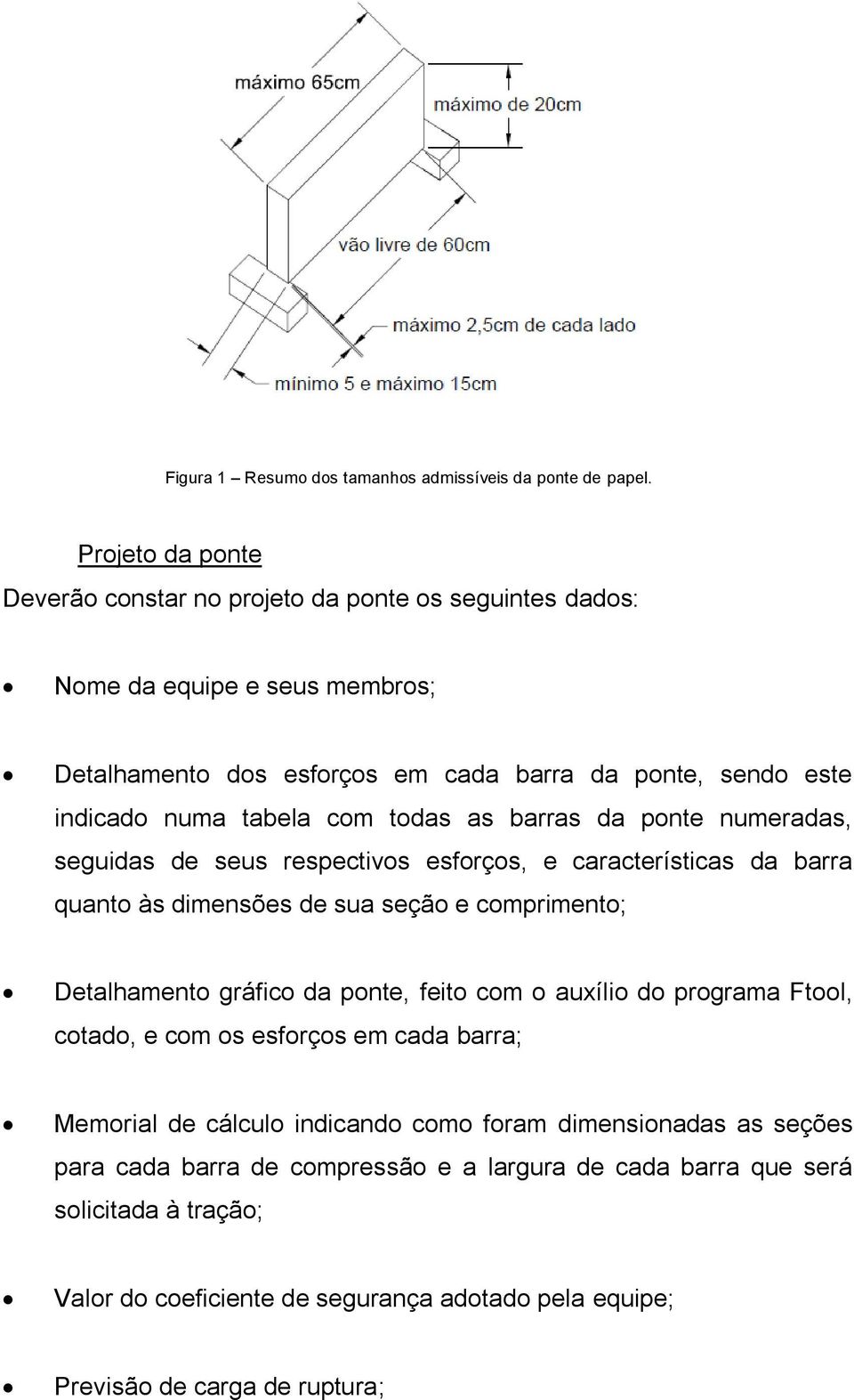 com todas as barras da ponte numeradas, seguidas de seus respectivos esforços, e características da barra quanto às dimensões de sua seção e comprimento; Detalhamento gráfico da ponte,