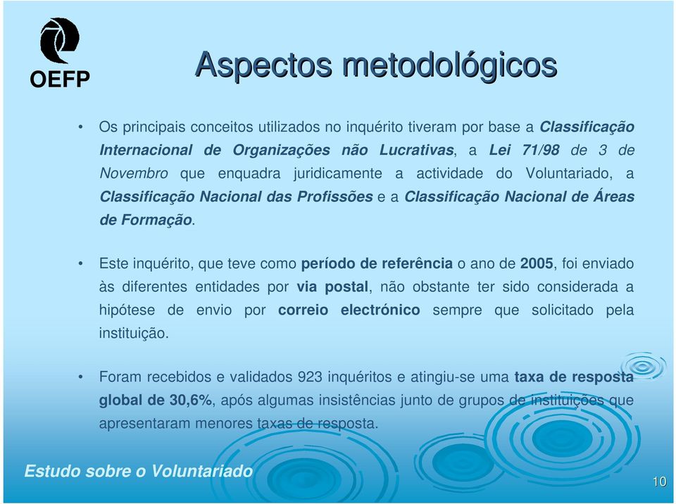 Este inquérito, que teve como período de referência o ano de 2005, foi enviado às diferentes entidades por via postal, não obstante ter sido considerada a hipótese de envio por correio