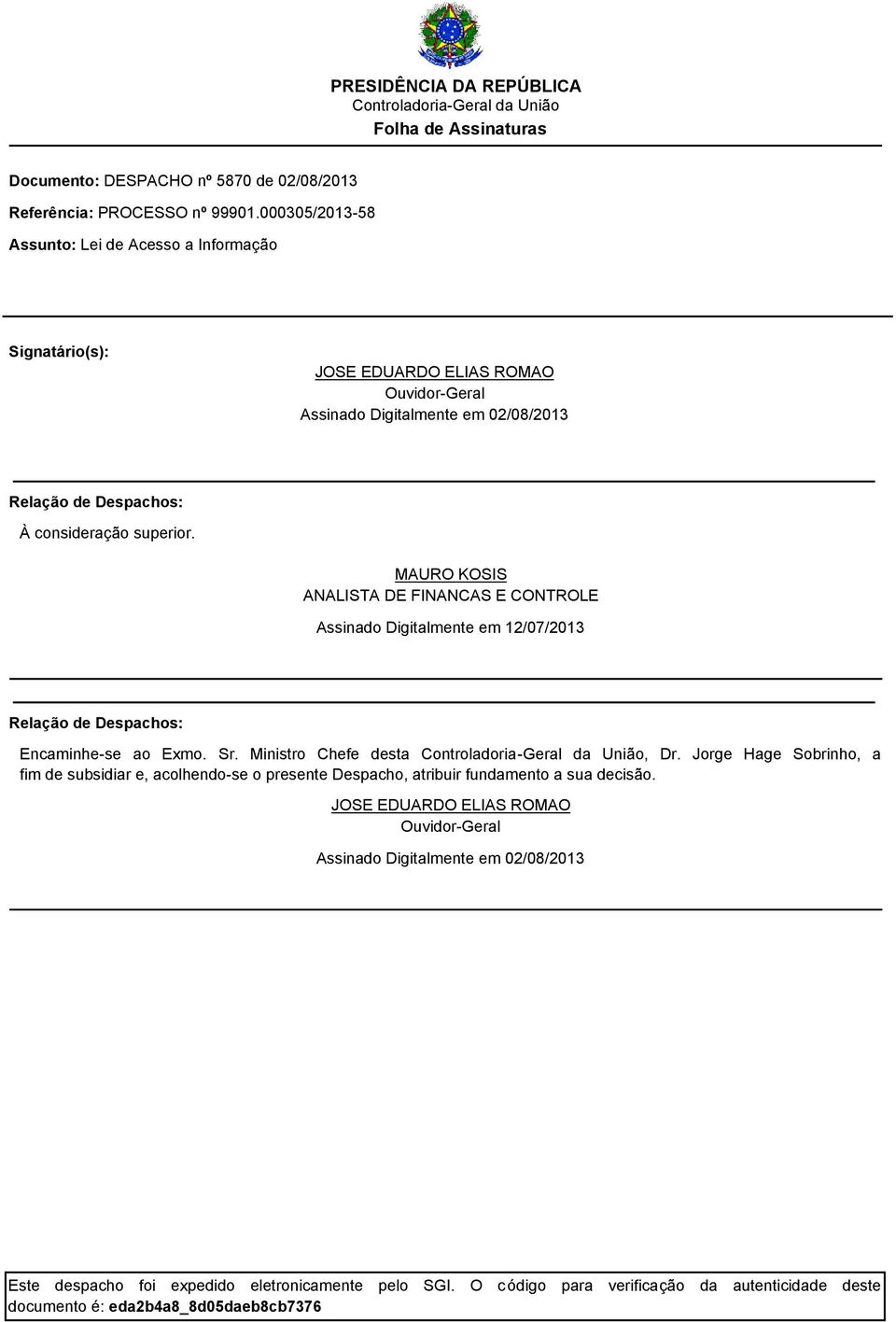 MAURO KOSIS ANALISTA DE FINANCAS E CONTROLE Assinado Digitalmente em 12/07/2013 Relação de Despachos: Encaminhe-se ao Exmo. Sr. Ministro Chefe desta Controladoria-Geral da União, Dr.