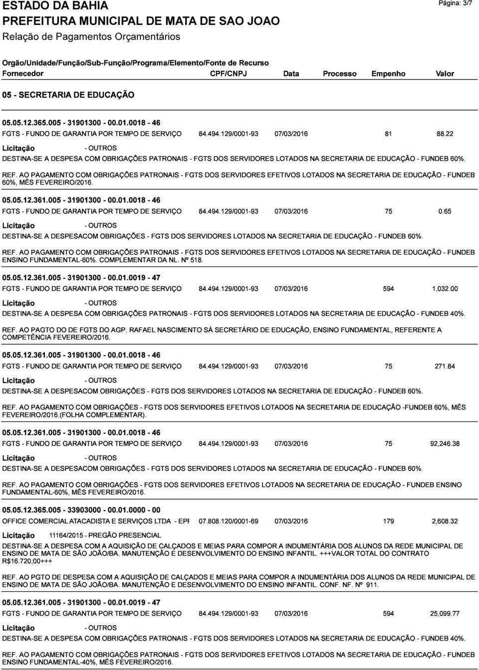 A DESPESA COM COM -OUTROS OBRIGAÇÕES PATRONAIS - FGTS - FGTS 07/03/2016 81 DOS DOS SERVIDORES EFETIVOS LOTADOS LOTADOS NA SECRETARIA NA SECRETARIA DE EDUCAÇÃO DE EDUCAÇÃO - FUNDEB - FUNDEB 60%.