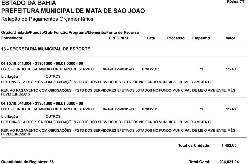 Licitação DESTINA-SE AO PAGAMENTO A DESPESA COM COM -OUTROS OBRIGAÇÕES - FGTS FGTS DOS DOS 07/03/2016 71 SERVIDORES EFETIVOS LOTADOS LOTADOS NO FUNDO NO MUNICIPAL FUNDO MUNICIPAL DE MEIO DE AMBIENTE.