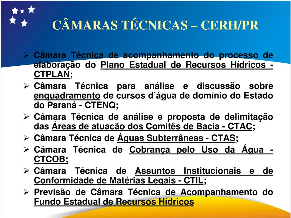 Áreas de atuação dos Comitês de Bacia - CTAC; Câmara Técnica de Águas Subterrâneas - CTAS; Câmara Técnica de Cobrança pelo Uso da Água - CTCOB; Câmara