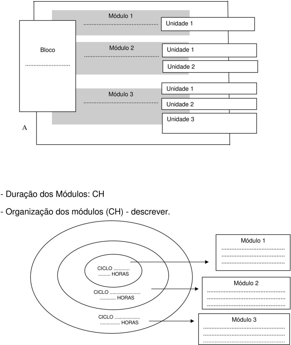 Organização dos módulos (CH) - descrever. CICLO...... HORAS CICLO.