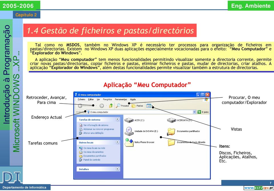 A aplicação Meu Meu computador tem tem menos menos funcionalidades permitindo visualizar somente a directoria corrente, permite criar criar novas novas pastas/directorias, copiar copiar ficheiros e