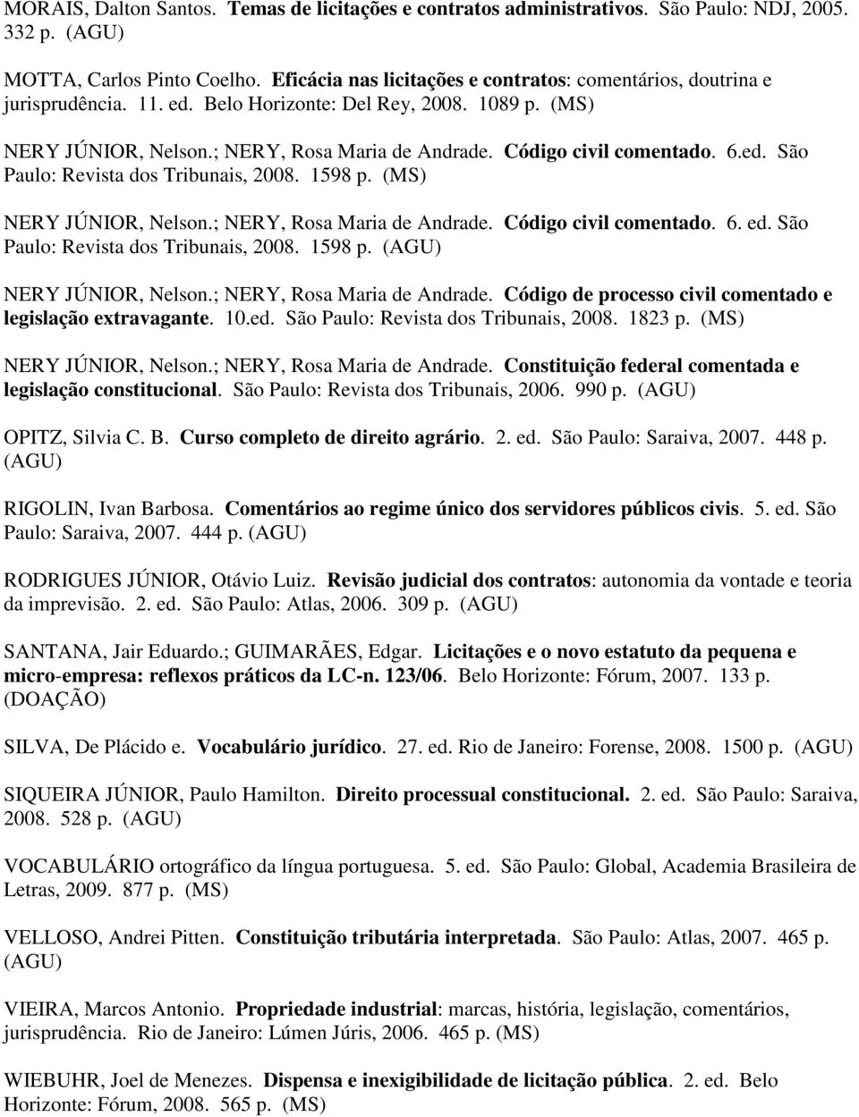 Código civil comentado. 6.ed. São Paulo: Revista dos Tribunais, 2008. 1598 p. (MS) NERY JÚNIOR, Nelson.; NERY, Rosa Maria de Andrade. Código civil comentado. 6. ed.