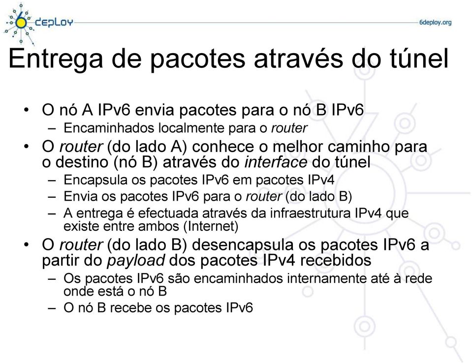 (do lado B) A entrega é efectuada através da infraestrutura IPv4 que existe entre ambos (Internet) O router (do lado B) desencapsula os pacotes