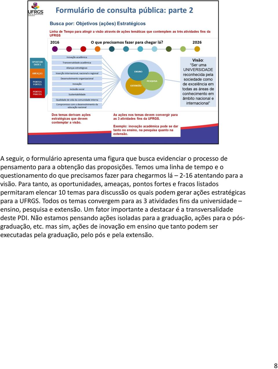 Para tanto, as oportunidades, ameaças, pontos fortes e fracos listados permitaramelencar 10 temas para discussão os quais podem gerar ações estratégicas para a UFRGS.