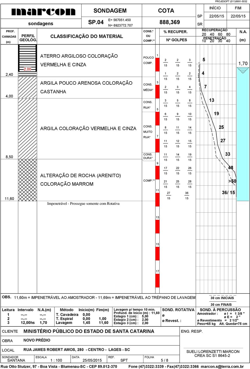 IMPENETRÁVEL AO AMOSTRADOR -,m = IMPENETRÁVEL AO TRÉPANO DE LAVAGEM,00hs,0 Método Inicio Fim Lavagem,,0 Lavagem p/ tempo min. Profund.