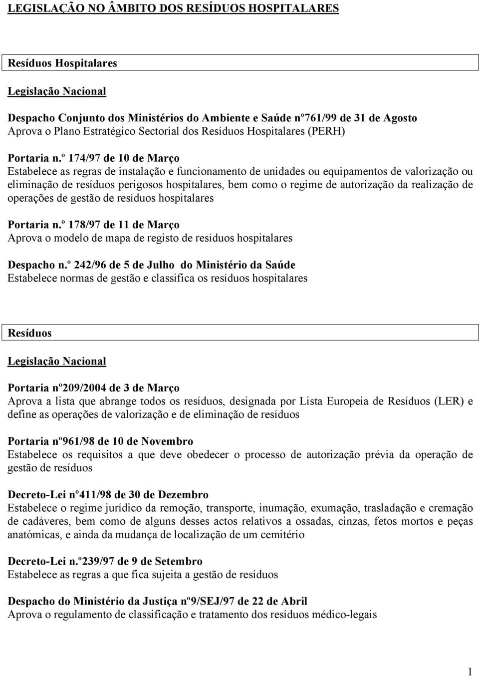 º 174/97 de 10 de Março Estabelece as regras de instalação e funcionamento de unidades ou equipamentos de valorização ou eliminação de resíduos perigosos hospitalares, bem como o regime de