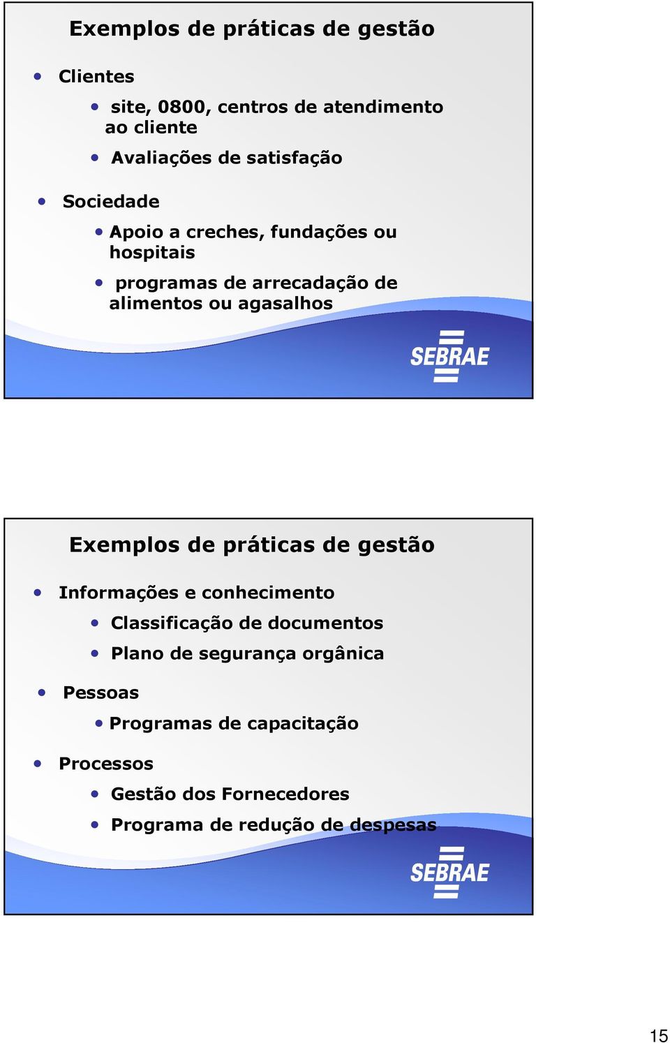 agasalhos Exemplos de práticas de gestão Informações e conhecimento Classificação de documentos Plano de