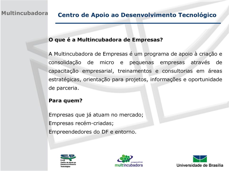 empresas através de capacitação empresarial, treinamentos e consultorias em áreas estratégicas,