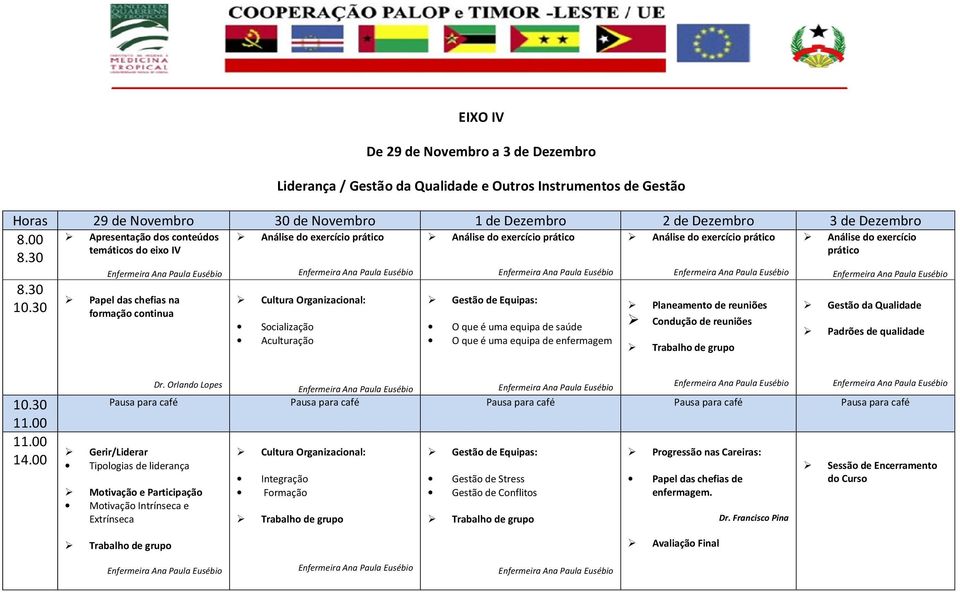 continua Cultura Organizacional: Socialização Aculturação Gestão de Equipas: O que é uma equipa de saúde O que é uma equipa de enfermagem Planeamento de reuniões Condução de reuniões Gestão da