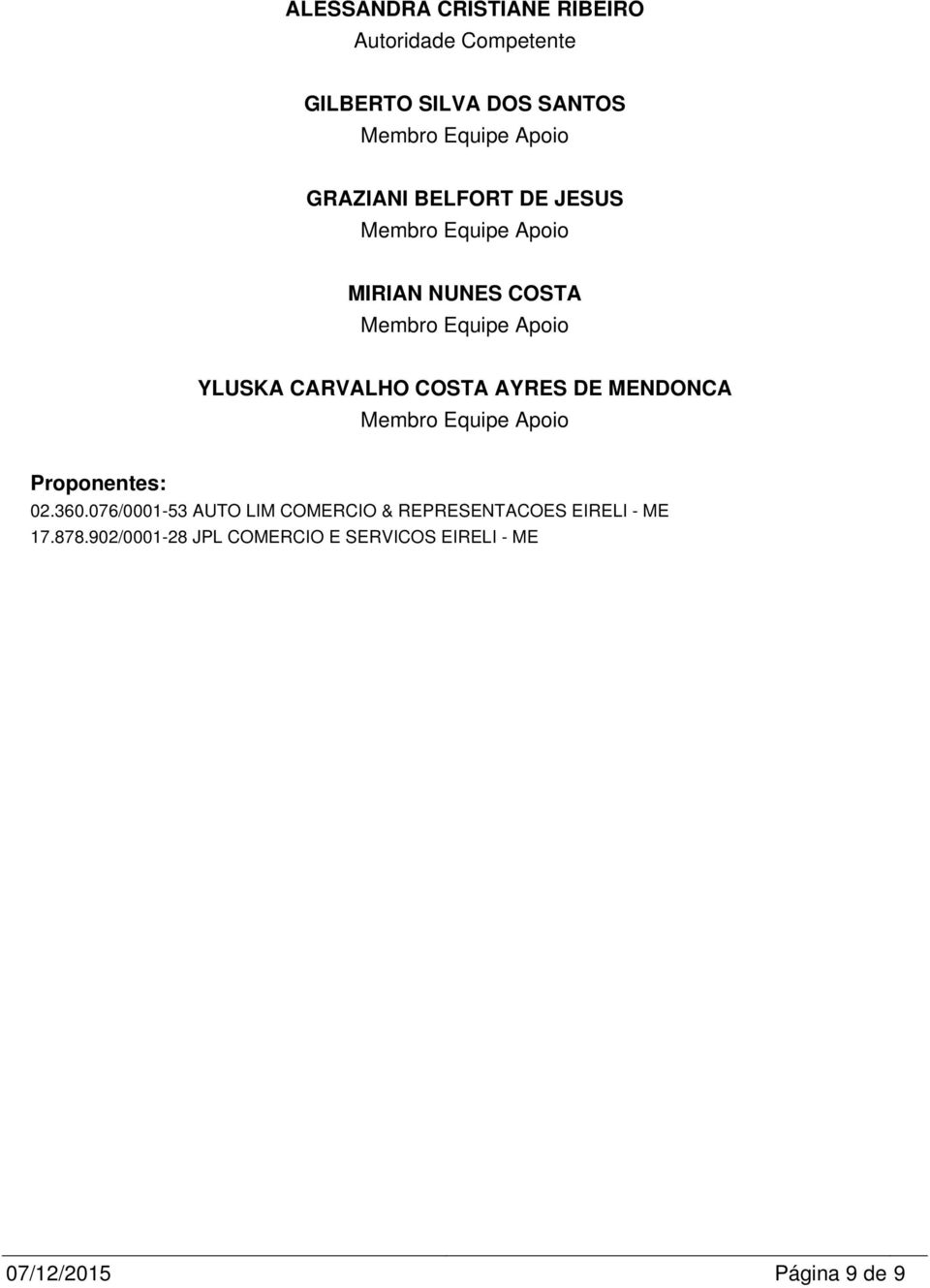 CARVALHO COSTA AYRES DE NDONCA Membro Equipe Apoio Proponentes: 02.360.