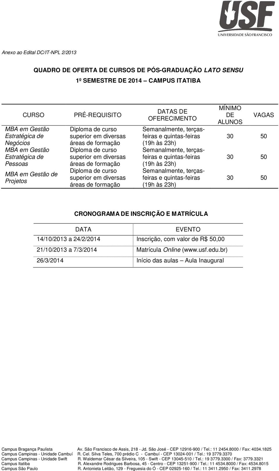 DATAS DE OFERECIMENTO MÍNIMO DE ALUNOS VAGAS CRONOGRAMA DE INSCRIÇÃO E MATRÍCULA DATA EVENTO 14/10/2013 a 24/2/2014