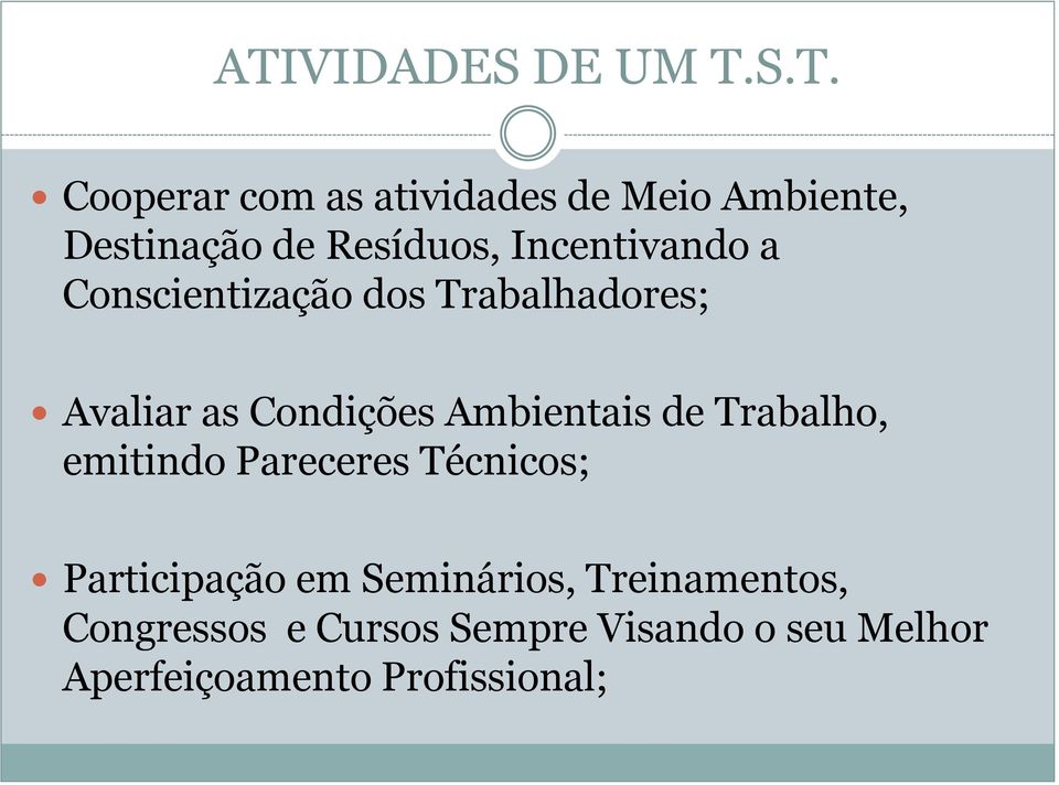 Ambientais de Trabalho, emitindo Pareceres Técnicos; Participação em Seminários,