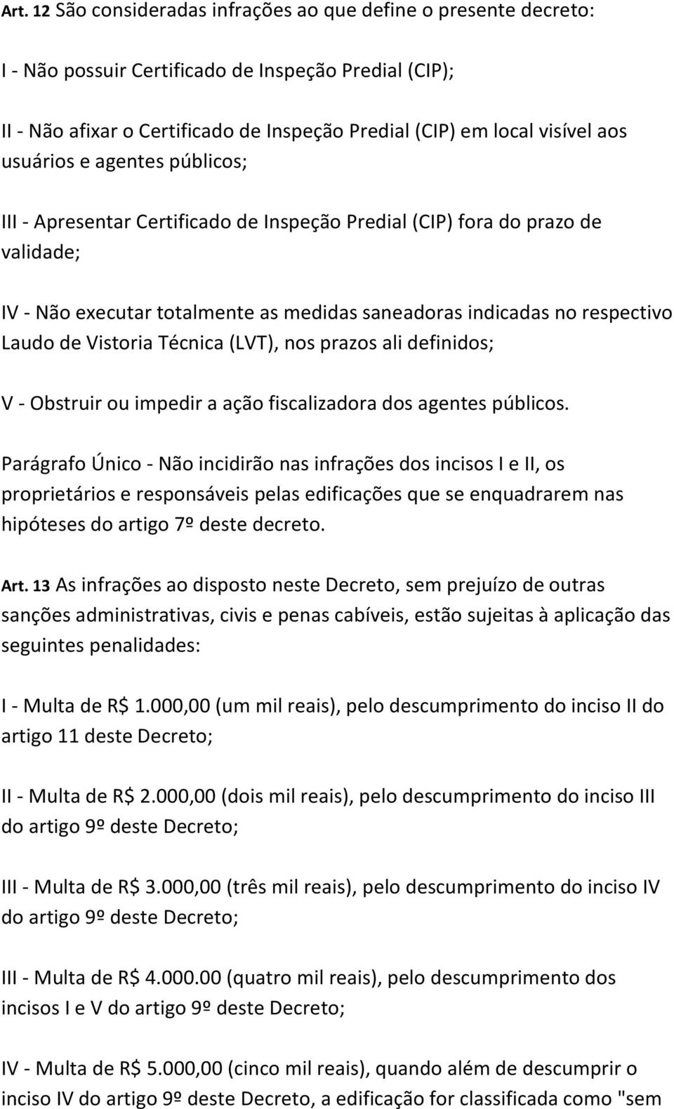 Vistoria Técnica (LVT), nos prazos ali definidos; V - Obstruir ou impedir a ação fiscalizadora dos agentes públicos.